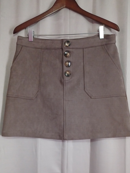 HYFVE Dresses & Skirts - HYFVE Taupe Faux Suede A-Line Mini Skirt Button Closure Pockets High Waisted